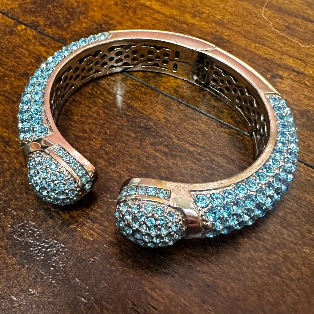 Joan Boyce Light Blue Crystal Hinged Bangle Bracelets On Silver Tone Hardware